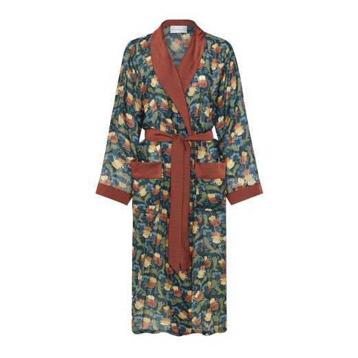 A lightweight teal-green dressing gown with terracotta coloured trim and a yellow and orange floral pattern
